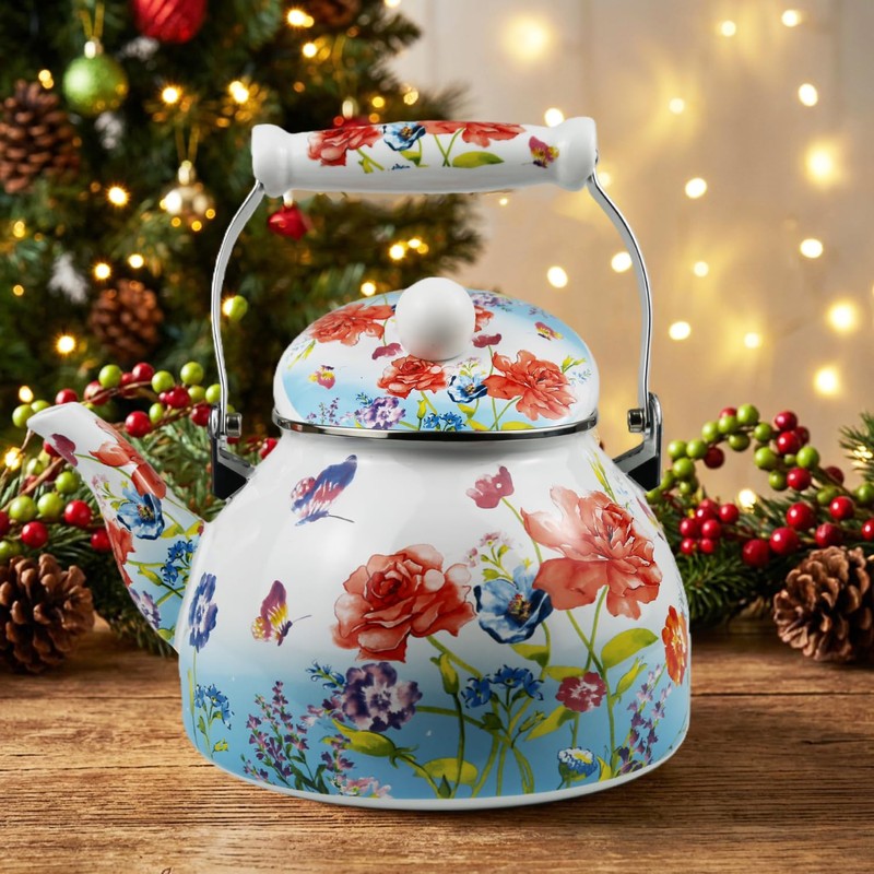 Butterfly Floral Enamel Tea Kettle, 2.5L Stovetop Teapot with Porcelain