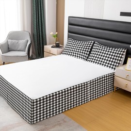 Erosebridal Buffalo Grid Bed Skirts Geometry Lattice Check Bed Skirt Hotel Microfiber Tailored Style Bedskirt (Queen, Blck White)
