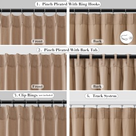 Joywell Linen Pinch Pleated Curtains 84 Inch Long,Back Tab Clip Rings Semi Sheer Light Filtering Window Drapes with Hooks Privacy for Bedroom Living Dining Room,W50 x L84,Burlap Tan,2 Panels