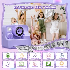Kids Camera Instant Print, Christmas Birthday Gifts for Girls Boys, 2.4 Inch Screen 1080 HD Toddler Print Camera with Print Paper & 32 G Card for Boys Girls 3 4 5 6 7 8 9 10 11 12 Year Old