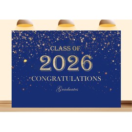 Class of 2026 Graduation Backdrop, Navy Blue and Gold Congratulations Photography Background, 2026 Grad Prom Sparkling Glitter Party Decorations Photo Banner Props 7X5ft Fabric