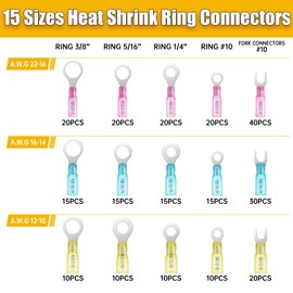 DTLDZSC 270PCS Marine Grade Heat Shrink Wire Connectors-Electrical Connectors Kit of Tinned Red Copper,Crimp Insulated Ring Fork Spade Butt Splice AWG22-16 16-14 12-10 Gauge (270Pcs Kit, AWG 22-10)