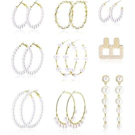 Dochais 9 Pairs Pearl Earrings Set for Women Faux Pearl Hoop Earrings Pearl Dangle Gold Plated Lightweight Drop Earrings Open Large Circle Round Pearl Earrings Jewellery Birthday Gift, Alloy Steel