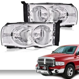 PIT66 Headlights Assembly, Compatible with 2002-2005 Dodge Ram 1500/ Fit 03-05 Dodge Ram 2500 3500 Headlamp Accessories Left and Right Replacement Clear lens Chrome Housing Clear Reflector