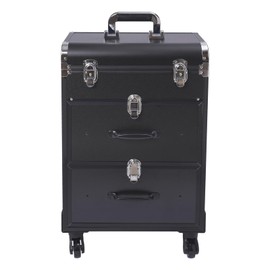 SEANESZTI 3 in 1 Rolling Makeup Train Case, Salon Barber Case Traveling Cart Trunk, Makeup Case Cosmetic Trolley Organizer Travel Case, Aluminum Trolley Professional Cosmetic Organizer Box, Black