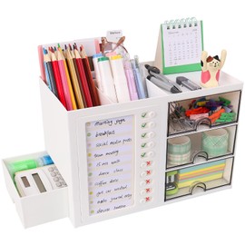 Meiikun Desk Organizer, Pencil Holder with Built in Schedule, Pen Holder Desk Organizers and Storage with 4 Sections & 4 Drawers, Drawer Organizer for Office Stationary Organizer Makeup (White)