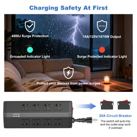 JUNNUJ Heavy Duty Power Strip with 8 Outlets and 4 USB Ports, Metal Wall Mount Surge Protector with 20 Amp 12 Gauge 6 FT Extension Cord for Garage, Industrial, Shop, ETL Listed