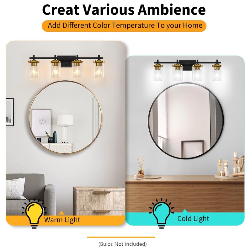 Spiglamm 4-Lights Black and Gold Bathroom Vanity Light, Modern Bathroom