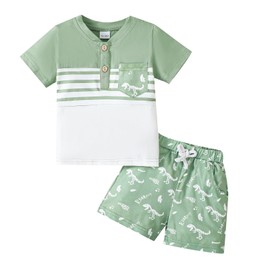 UUAISSO Toddler Baby Boys Clothing Short Sleeve Dinosaur Stripes Tops Bear Print Shorts Set Baby Boys Summer Outfits, light green