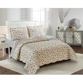 Brilliant Sunshine Pink and Green Rose Patchwork, 3-Piece Quilt Set with 2 Shams, Reversible Bedspread, Soft Lightweight Coverlet, All-Season, Full/Queen, Pink Green