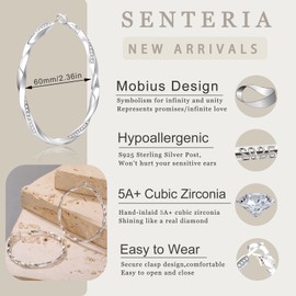 Senteria 925 Sterling Silver Hoop Earrings Lightweight Large Silver Hoops Earrings Hypoallergenic Twist Big Silver Hoop Earrings for Women Girls with Cubic Zircon 60mm