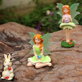 KOCNYDEY Mushroom Garden Miniatures Fairies Luminous Wings, Mini Garden Figurine Set Fairies Statues With a Rabbit for Outdoor Garden Yard Lawn Home Decor Lovely Resin Fairy Angel Accessories 3 PCS