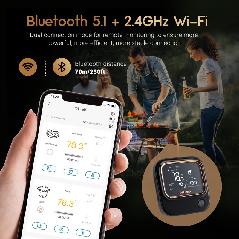 INKBIRD IBT-26S Bluetooth Wi-Fi BBQ Thermometer, with 4 Food-Grade Probes,