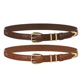 Belle Poque 2 Pack Skinny Leather Brown Belt Women for Jeans Pants Dress Thin Waist Belt with Gold Buckle Brown Medium