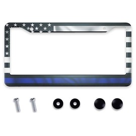 Smooffly Thin Blue Line Black American Flag License Plate Frame Holder Stainless Steel Rust-Proof Auto Parts Decoration with Screws for Men Women License Plate Cover 2 Holes 12.2 x 6.3 Inch