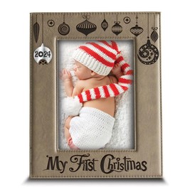 BELLA BUSTA -My First Christmas Theme-1st Chrristmas-Engraved Leather Picture Frame -Christmas Keepsake for Baby (4 x 6 Vertical)