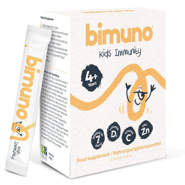 Bimuno Kinder Immunity | 4 in 1 Prebiotic for Intestinal Flora Balance | With Vitamin D3, C and Zinc for Children Immune Health | Vegetarian Dietary Supplement | 30 Bags