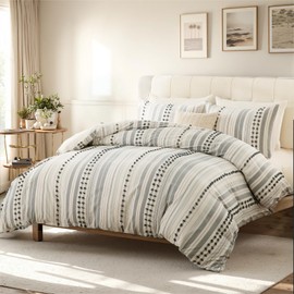 Cozaline 100% Cotton Duvet Cover King Size – Gray Striped Bedding Set with Embroidered Accents, 3 Pieces Ultra Soft&Breathable Modern Boho Comforter Cover, Natural Farmhouse Style