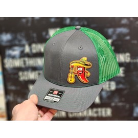 Hot and Spicy Pepper Hat, Richardson 112 Trucker Cap, Mexican Sombrero Pepper Hat, Cinco de Mayo Hat, Grey and Green Adjustable Hat, Breathable Mesh Back