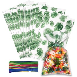 LEOSINDA 100 pcs Hawaiian Cellophane Candy Bags Green Jungle Cooler Bags Party Favors Palm Leaf Candy Snack Bags with 100 Twist Ties for Weddings Baby Shower Birthday Party Favors Clear 7 X 12 Inch