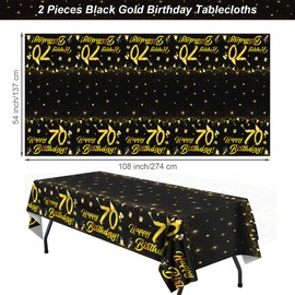 durony 2 Pack 70th Birthday Tablecloth Table Cover Plastic Black Gold Happy Tablecloth Waterproof Rectangular Table Cloth Cover for Indoor or Outdoor Parties Birthday