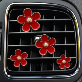 Daisy Air Vent Clips, 4 Pcs Cute Flower Car Air Conditioning Outlet Clip Car Air Freshener Clip Charm Car Inter Decor Accessories for Women (Red)