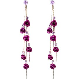 Rose Flower Earrings for Women Long Rose Tassel Dangle Drop Earrings Crystal Chain Red Purple Rose Flower Earrings Weddings Party Birthday Jewelry for Girls (Purple, One Size)