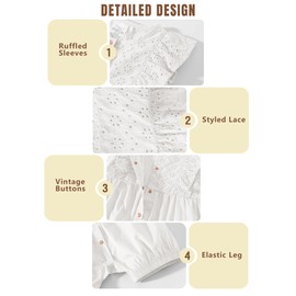 Jimonda Baby Girl Lace Ruffle Romper Openwork Floral Clothes Summer Outfits Sleeveless Jumpsuit With Button Front Fastening (White 18-24M)