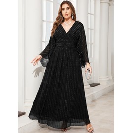 ZOMVA Plus Size Formal Dresses Sparkly V-Neck A Line Glitter Wrap Dress Evening Gown Cocktail Prom Butterfly Sleeve, Black, 2X