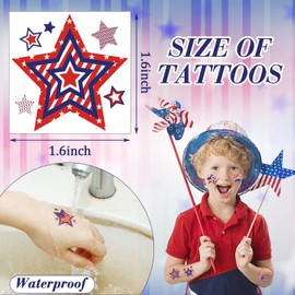 JUNEBRUSHS 4th of July Temporary Tattoos, 180 Pcs Patriotic Stars Tattoos Red White and Blue Party Decorations USA Independence Day Supply 12 Styles Safety Face Make up for Fourth of July Memorial Day