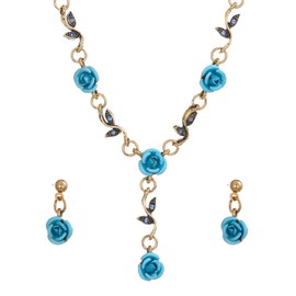 Dishowme Rose Flower Necklace Earrings Set 3Pcs Crystal Flower Pendant Necklace Vintage Rhinestone Jewelry for Women Girls (Blue)