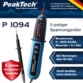 PeakTech P1094 - Digital 2-Pin Voltage Tester AC/DC from 12V to 400V - High Quality Current Tester with LED Display and Acoustic Warning Signal - Voltage Meter with IP54 Protection Class - CAT III
