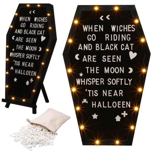 Colarr Coffin Letter Board Built in Led Lights Black Felt Board with Stand, 500+ Characters White Precut Letter Board with Linen Storage Bag Halloween Decor Home Decor Board, 16.54 x 10.47 inch