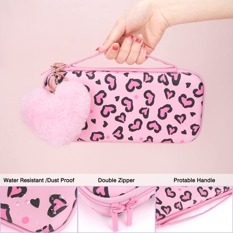 DLseego Pink Love Leopard Carrying Case for Switch OLED, Cute