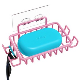 Nieifi - Jabonera para pared de ducha con 4 ganchos, jabonera adhesiva de acero inoxidable para baño, color rosa