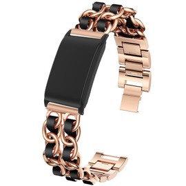 Lamshaw Compatible with WHOOP 4.0 Bands with Case bands, Jewelry Chain Metal Wristband with Leather Compatible with WHOOP 4.0 (Rose Gold&Black)