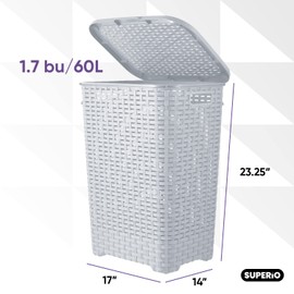 Plastic Laundry Hamper with Lid 3 Pack Laundry Hamper Basket, White Smoke Tall Cloths Hamper Organizer with Cut-out Handles. Space Saving for Laundry Room Bedroom Bathroom, Wicker Design 60 Liter