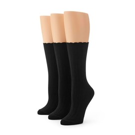 No nonsense Women's Scallop Pointelle Crew Sock, New Black - 3 Pair Pack, 4-10