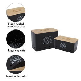 Xbopetda Potato Onion Storage Box, Food Container Sets, Storage Canisters for Vegeatables, Set of 2 Jars Pots Containers, Potato & Onion Bin with Aerating Tin Storage Holes & Bamboo Lid-Black