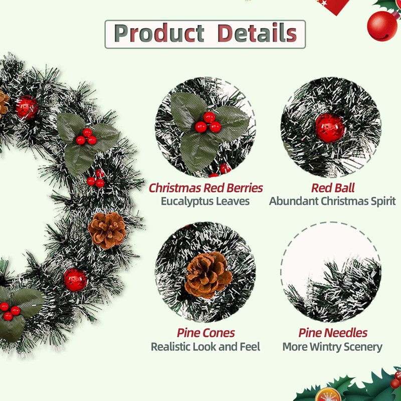 2Pcs Artificial Christmas Wreath with 1 Rope and 2 Hooks,