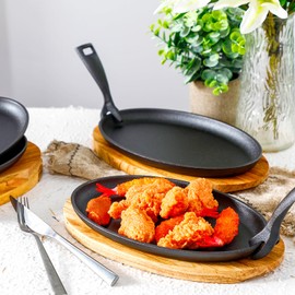 FoldTier 4 Sets Cast Iron Skillet Set 10.63'' x 6.89'' Fajita Plate Sizzling Pan with Wooden Base Anti Scald Protection Removable Handle for Restaurant Kitchen Cooking Accessory BBQ Party