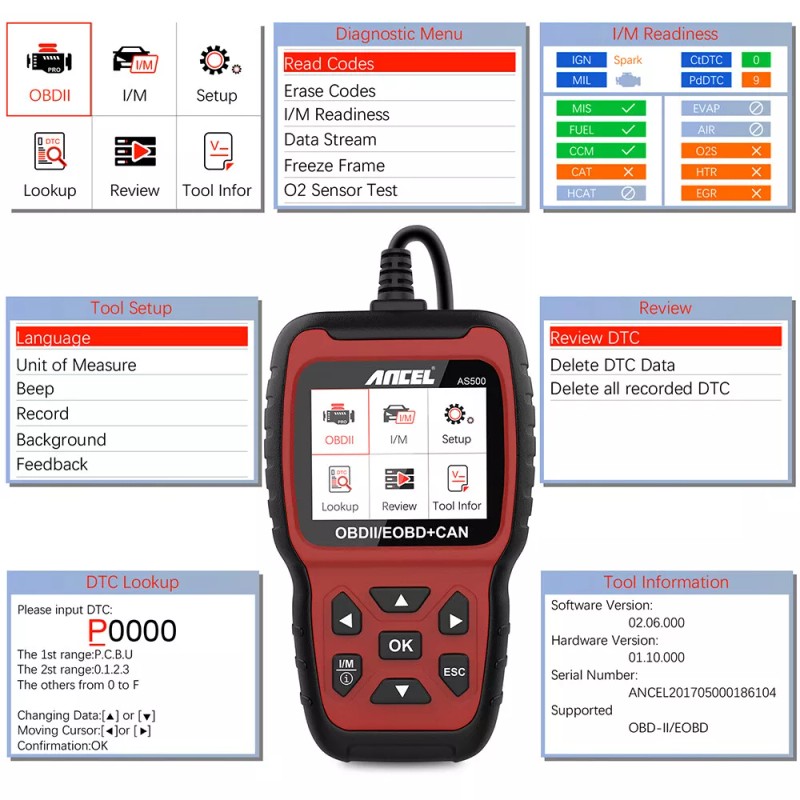 Ancel Automotive Code Reader OBD2 Car Scanner OBDII Engine Fault