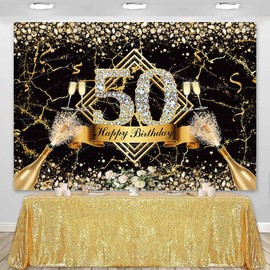Sensfun Happy 50th Birthday Backdrop for Women 50th Birthday Decoration Banner Black Gold Marble Texture Glitter Diamonds Fabulous 50th Birthday Photography Background Supplies Photo Props 7x5ft