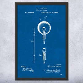 Framed Thomas Edison Electric Lamp Print, Edison Wall Art, Classroom Decor, Electrician Gift, Light Bulb Wall Art Blueprint (12x18)