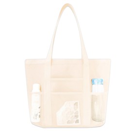 HTTDSLF Women's XXL Family Beach Bag, Large Beach Bag, Shopper, Foldable, Mesh Swimming Bag for Beach, Bags for Travel, Tote Bag for Gym, Holidays, Beige White