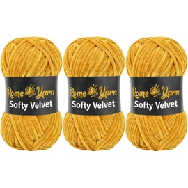 Rome Yarn Softy Velvet Yarn 3 x 100g - 120m 100% Micro Polyester Baby Blanket Amigurumi Plush Chunky Chenille Soft Fluffy Bulky Thick Wool Crochet (916 Mustard)