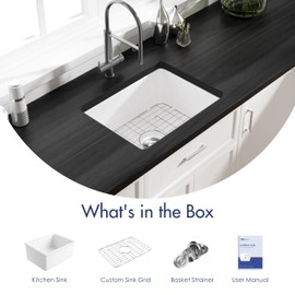 Undermount Kitchen Sink, Eridanus 24" L x 18" W Undermount Kitchen Sink White Ceramic Sink Deep Single Bowl with Bottom Grid and Strainer Drain