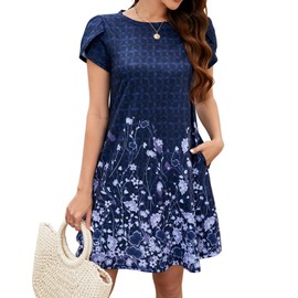 Short Vacation Dresses for Women Tropical Casual Summer Cotton Mini Dress Cute Floral Swing(Deep Blue Floral,XX-Large)