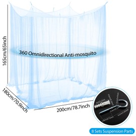 Mosquito Net Bed Travel, Single Door Hanging Bed Net with 8 Hanging Rings Mosquito Net Bed Curtain, Mosquito Net Double Bed and Single, Blue Bed Canopy Fine Mesh for Home and Camping, 200 x 180 x 165