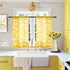 XTMYI Spring Yellow Curtains for Bathroom Window,Small 2 Panels Rod Pocket Short Sheer Curtains for Bath Room Decor Kitchen Accessories Match Teal Blue,24 Inch Length,Canary Yellow and White